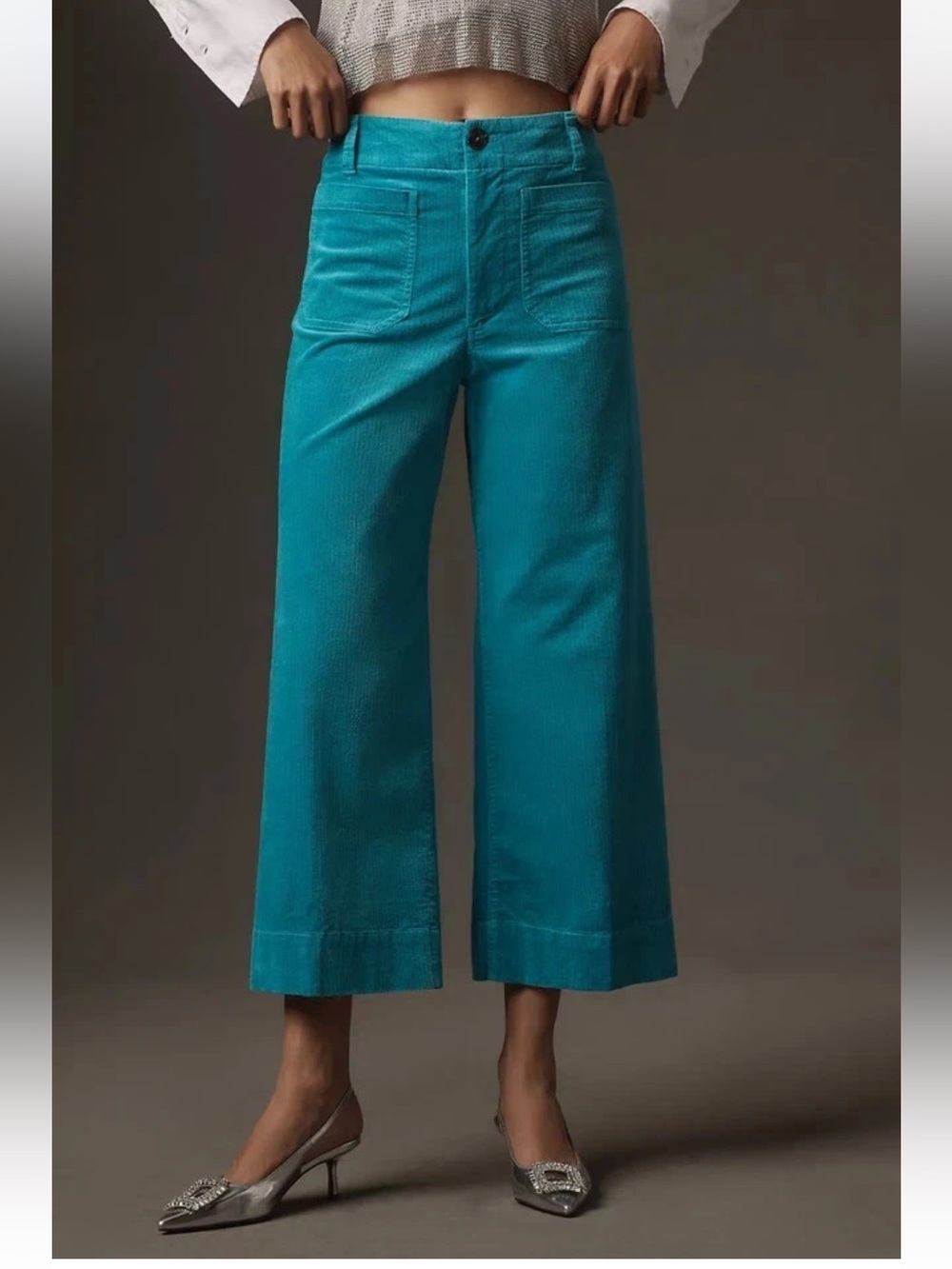 MAEVE Anthropologie COLETTE Cropped Turquoise Corduroy Hi-Rise Pants 27 EUC - Picture 2 of 9